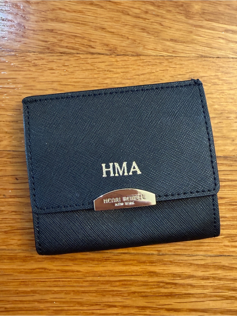 Henri Bendel Saffiano Leather Wallet in Black with "HMA" Monogram
